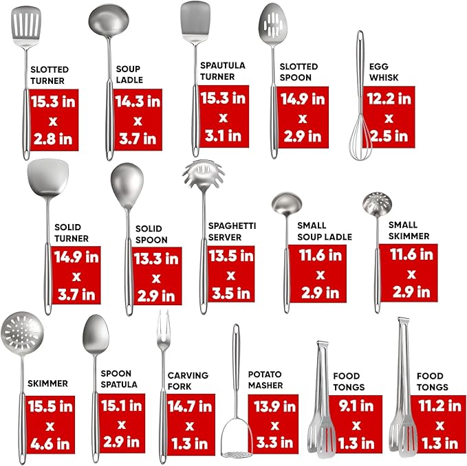 Newness 16 Pcs Cooking Utensils Set, 304 Stainless Steel Kitchen Utensils Set, Metal Kitchen Accessories, Include Soup Ladle, Slotted Skimmer Spoon, Spaghetti Spoon and Spatula, Dishwasher Safe