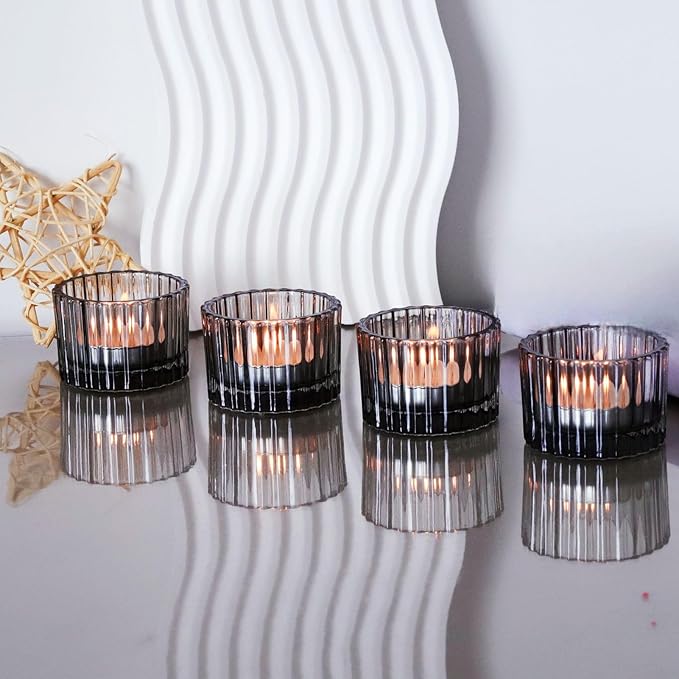 VOHO 24pcs Smokey Grey Tealight Candle Holder for Neutral Room Decor, Ribbed Votive Candle Holders for Table Centerpiece, Glass Tea Light Candle Holders Decoration for Coffee Table, Formal Anniversary