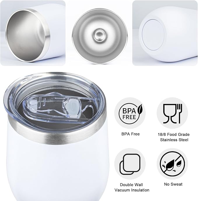 MEZMUT 12oz Insulated Wine Tumbler with Lid Double Wall Vacuum Stainless Steel Wine Glass Coffee Mug Insulated Tumbler Cup for Champaign, Cocktail, Beer (White,4 Pack)