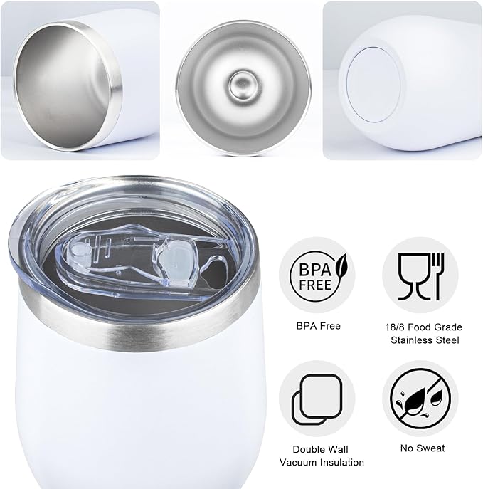 MEZMUT 12 Oz Insulated Wine Tumbler with Lid Double Wall Vacuum Stainless Steel Wine Glass Coffee Mug Insulated Tumbler Cup for Champaign, Cocktail, Beer (White, 1 Pack)