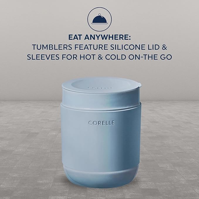 Corelle Stoneware 4-Pc Tumbler Set of 2 with Lids, Handcrafted Artisanal Travel Mug, Solid Glaze Stoneware, 13-1/2-Oz Travel Coffee Mug Set, Oatmeal
