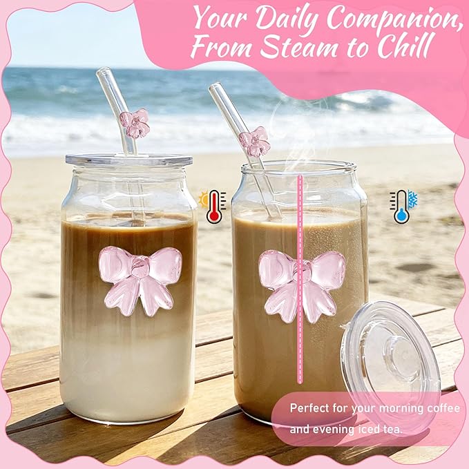 Aesthetic 3D Pink Bow Glass Cup with Plastic Lid & Straw,16OZ Bows Glass Coffee Cups,Bow Tumbler for Iced Matcha, with１Cleaning Brush, Girly Preppy Stuff/Glassware Birthday Valentine's day Gifts