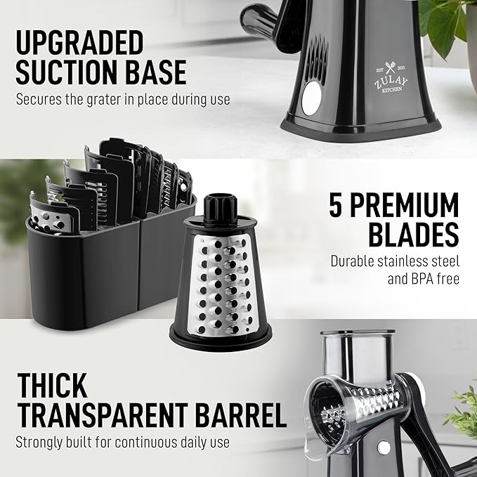 Zulay Kitchen Rotary Cheese Grater 5 Blade Cheese Shredder - Manual Hand Crank Cheese Grater With Reinforced Suction & 5 Interchangeable Drums - Easy to Use, Vegetable Chopper Round Mandoline Slicer