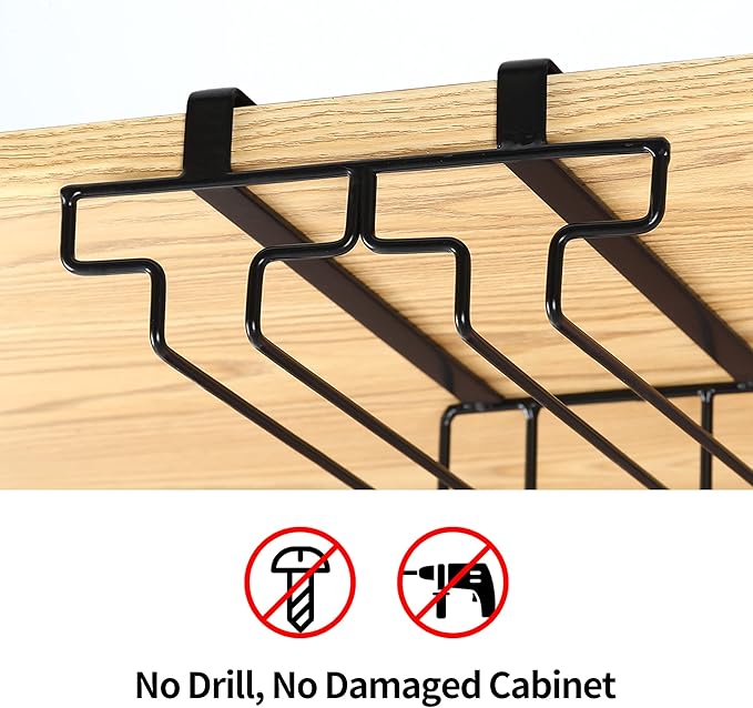 Wine Glass Rack Under Cabinet Drilling Free No Screw Steamware Holder Under Shelf Metal Wine Glasses Holders 304 Stainless Steel Hanger Storage Organizer Hanging Glass Fit for Bar Kitchen 2 Rows Black