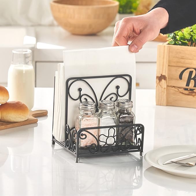 Napkin Holder – Metal Napkin Storage with Salt and Pepper Caddy (Shakers Not Included), Modern Napkin Dispenser for Table or Kitchen Countertop, Servilletero for Farmhouse Décor