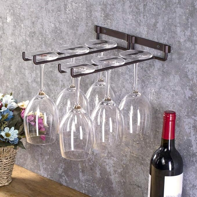 Hanging Metal Wine Cup Rack, Bar Double Stemware Glass Bottle Goblet Inverted Holder, Glass Holder Under Cabinet Kitchen Organization, Glass Holder Storage for Bar Home Kitchen Decor