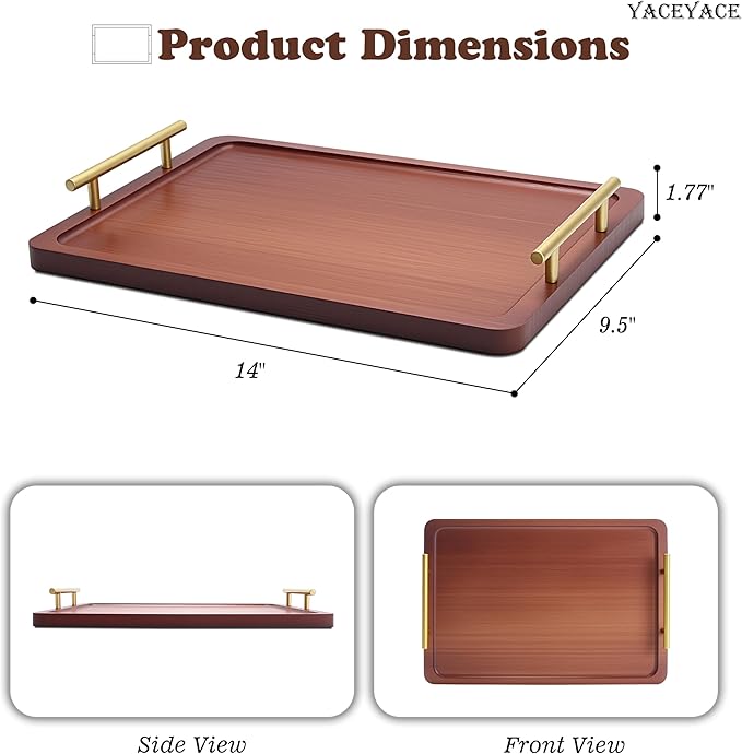 Wood Tray with Metal Handles, 14" x9.5 x1.75 Medium Wood Serving Trays for Ottoman Coffee Table, Serving Tray for Kitchen, Home Decor