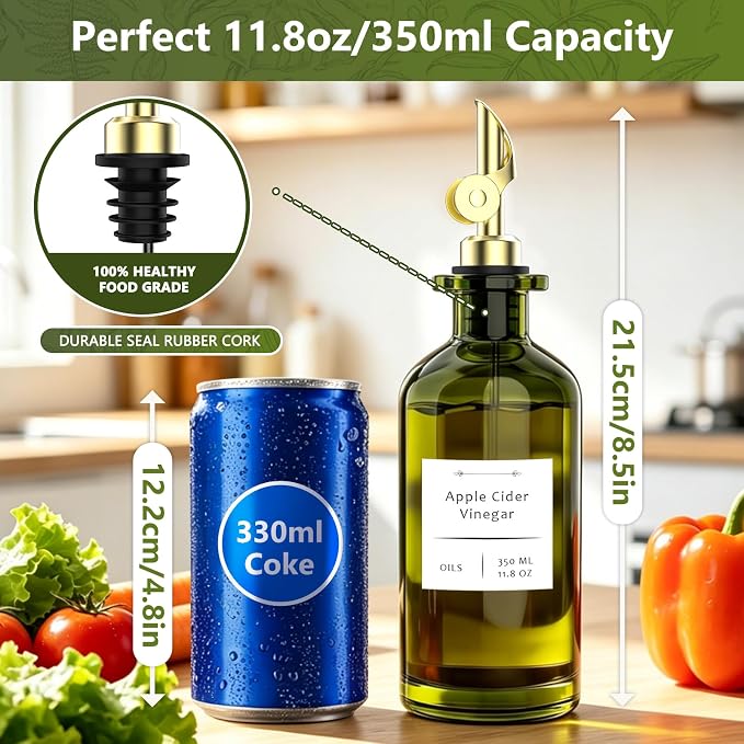 COOLMI Olive Oil Dispenser Set of 2, Dark Green Glass Bottles, 12 oz | Gold Auto-Flip Spouts, Funnel, 2 Cleaning Brushes, and 45 Labels for Olive Oil, Vinegar, and Avocado Oil