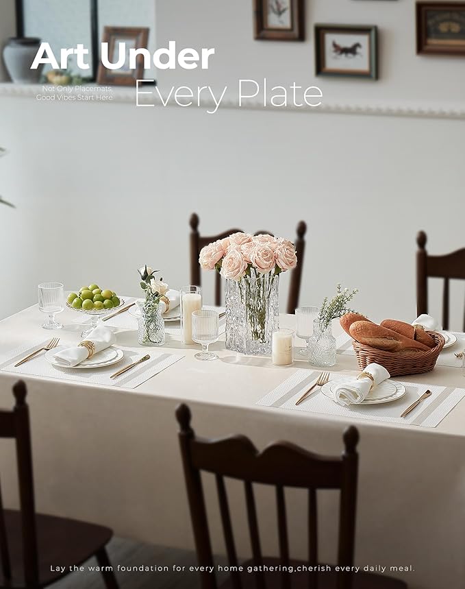 Leetaltree White Vinyl Woven Placemats Set of 8 - Washable Dining Table Placemats Striped, Suitable for Wedding, Anniversary, Daily Use - Table Decor