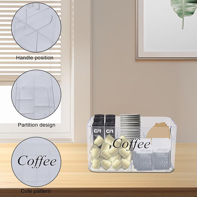 Coffee Bar Station Organizer,Clear Plastic Coffee Bar Accessories Bin with Removable 5-Compartment for Pods Condiment Syrup Tea Cups Stirrers,Coffees Pod Holder for Counter,Kitchen,Office