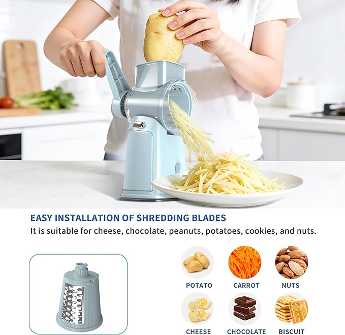 Rotary Cheese Grater with Handle - Compact Multi-Function Vegetable Shredder with 5 Sharp Blades & Strong Suction Base, Easy to Use Round Mandoline Slicer for Kitchen, Cooking, Camping & Travel