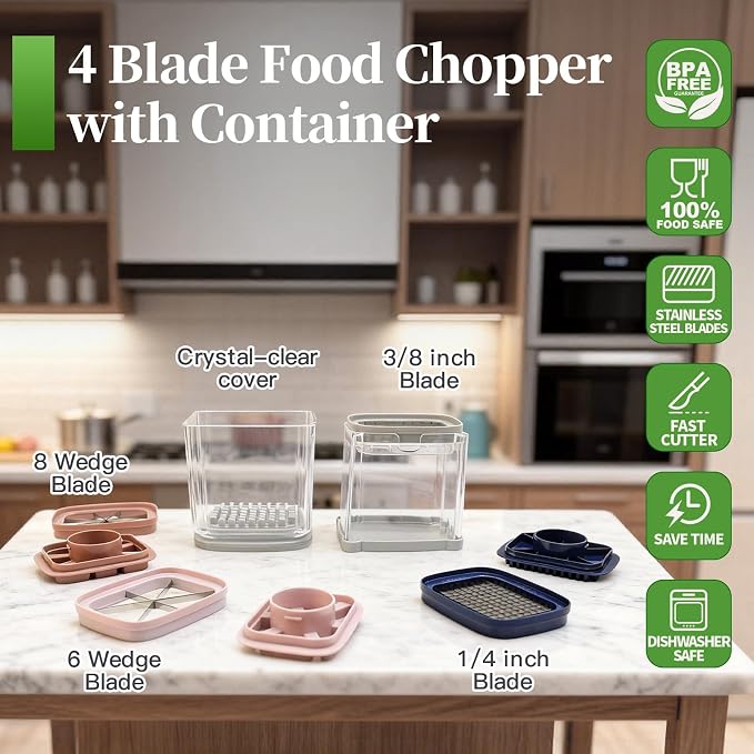 4-In-1 French Fry Cutter for Potatoes, Apple Slicer, Chopper Vegetable Cutter - Dicer Chopper for Carrots, Cucumbers, Onion, Tomato (Gray 4-in-1 French Fry Cutter)