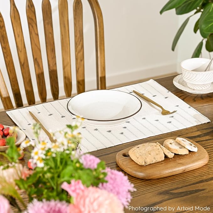 Artoid Mode Light Grey Farmhouse Woven Rustic Placemats Set of 4,12x18 Seasonal Holiday Macrame Burlap Kitchen Dining Table Decoration for Home Party Decor