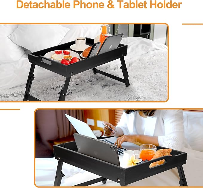 Greenual 2 Pack Bed Tray Table with Handles Folding Legs, Bamboo Breakfast Food Tray with Media Slot, Use As Platter, Laptop Desk, Snack, TV Tray Kitchen Serving Tray(Black)