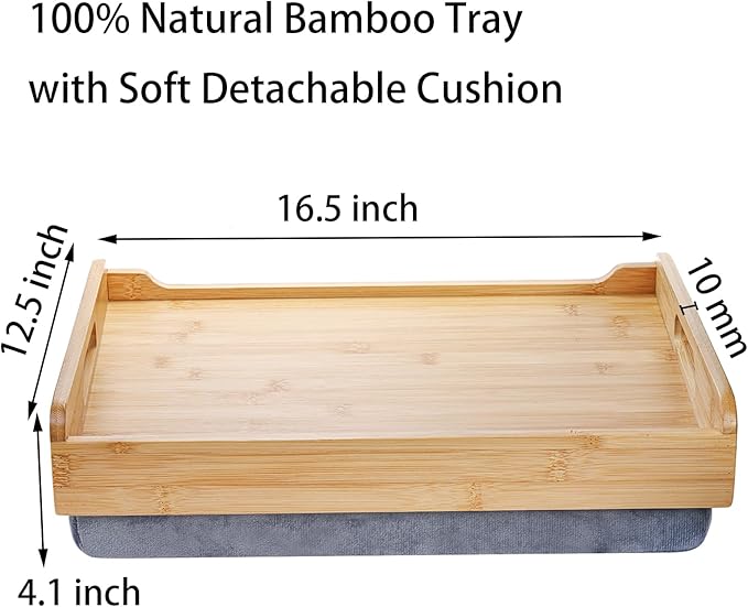 TOPZEA Bamboo Lap Tray with Detachable Cushion, 16.5"x 12.5" Bed Trays TV Lap Desk, Breakfast Meal Serving Tray with Handle for Adults Eating in Recliner, Couch, Car, Fits for 13-14 Inch Laptops