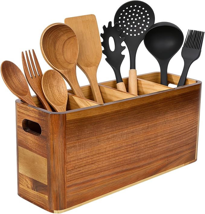 Large 4-Compartment Acacia Wooden Utensil Holder, Rustic Kitchen Counter Organizer, Extra Large Wood Storage Container for Cooking Utensils and Silverware