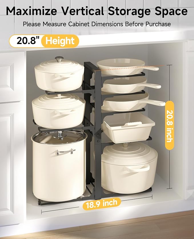 MUDEELA Pots and Pans Organizer Rack under Cabinet 20.8" Height, 8-Tier Adjustable Heavy Duty 120LBS Pot and Pan Organizer Rack inside Cabinet for Kitchen Organizer Cast-iron Pans, Heavy Cookware