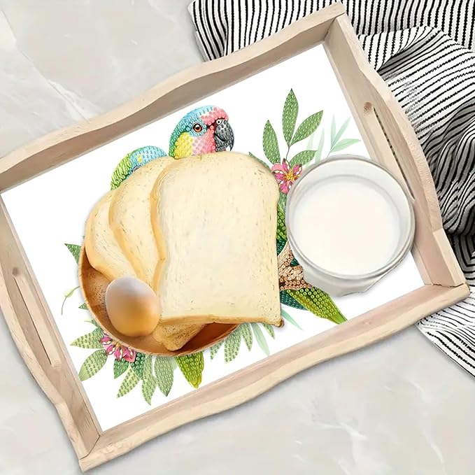 BAYUNOE DIY Diamond Serving Tray Rectangular Wooden Breakfast Tray with Handle Handmade Diamond Art Painting Spring Creative Dinner Plate Coffee Room Living Home Organizer-Parrot