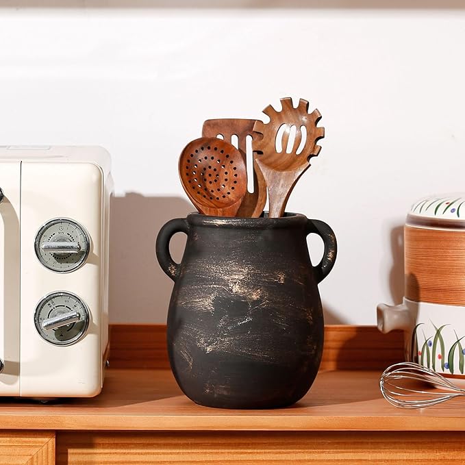 Rustic Kitchen Utensil Holder for Countertop, Ceramic Utensil Crock for Kitchen Counter,Farmhouse Spatula Organizer for Countertop, Vintage Crock Decor, Ideal Housewarming Gift (Black)