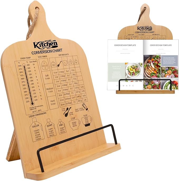 Cookbook Stand for Kitchen Counter, Bamboo Cookbook Holder, Foldable Cook Book Holder, Adjustable Recipe Book Stand, Cook Book Stand with Measurement Conversion Chart