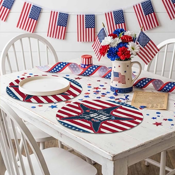 4th of July Round Placemats Set of 8 Happy 4th of July Place Mats Independence Day Woven Placemat Red White Blue Starfish Star Stripes Circle Braided Table Mat for Kitchen Dining Table Party 15 Inch