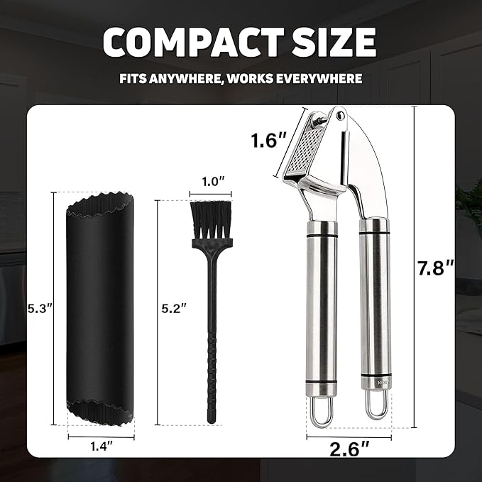 KUYRA Garlic Press Stainless Steel Set Premium Professional Garlic Mincer, Silicone Peeler & Brush, Clove Crusher, Handheld Mincer & Squeezer, Easy Clean Rustproof, Dishwasher Safe Kitchen Peelers