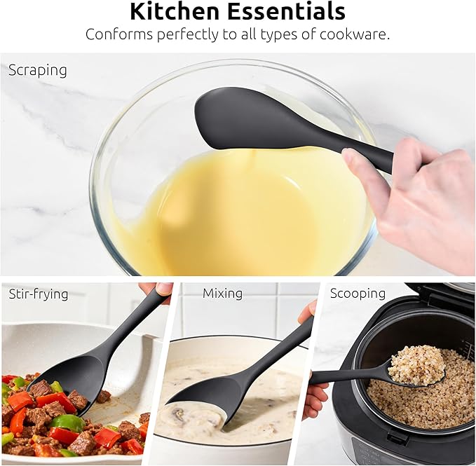 600ºF Heat Resistant Spatula Spoon: U-Taste Flexible Silicone Cooking Scoop Spoonula, Serving Mixing Scraping Food in Non-Stick Pan Cookware, Seamless Multifunctional Kitchen Utensil (Black)