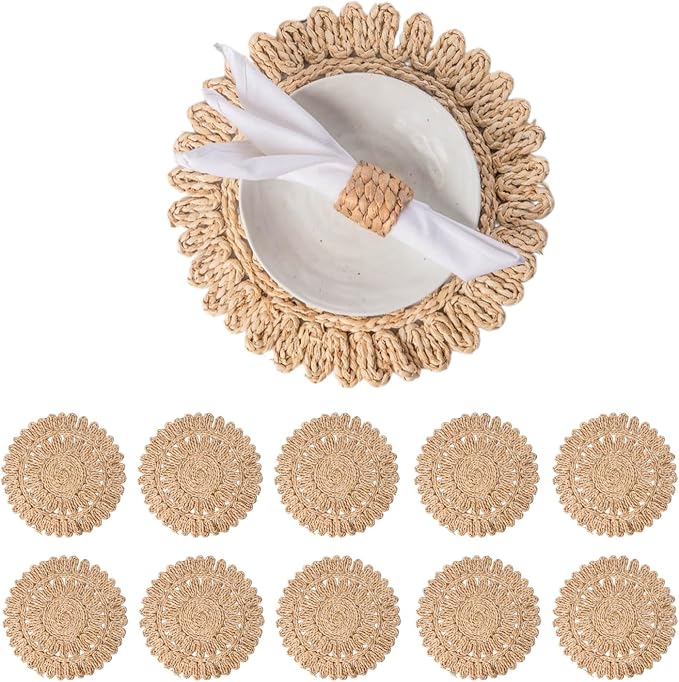 Laquedecraft 13.8" Set of 10 Round Corn Husk Placemats | Boho Woven Rattan Table Mats | Farmhouse Wicker Spring Plate Chargers Like Water Hyacinth, Seagrass for Wedding, Party, Christmas, Events