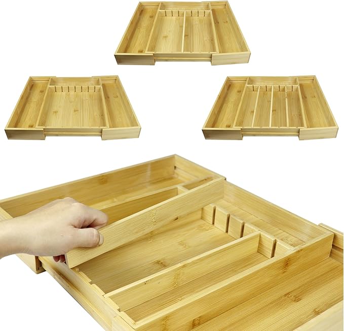 Bamboo Adjustable Drawer Organizer - Expandable Utensil Organizer for Flatware, Adjustable Cutlery & Knives. Ideal Utensil 7 Slots large Drawer Organizer for Kitchen, Natural