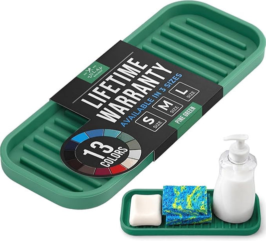 Zulay Kitchen (9x3.5) Silicone Sponge Holder for Kitchen Sink - Flexible Multipurpose Soap Tray - Sink Organizer for Kitchen, Bathroom, Makeup, Trinkets & More (Pine Green)