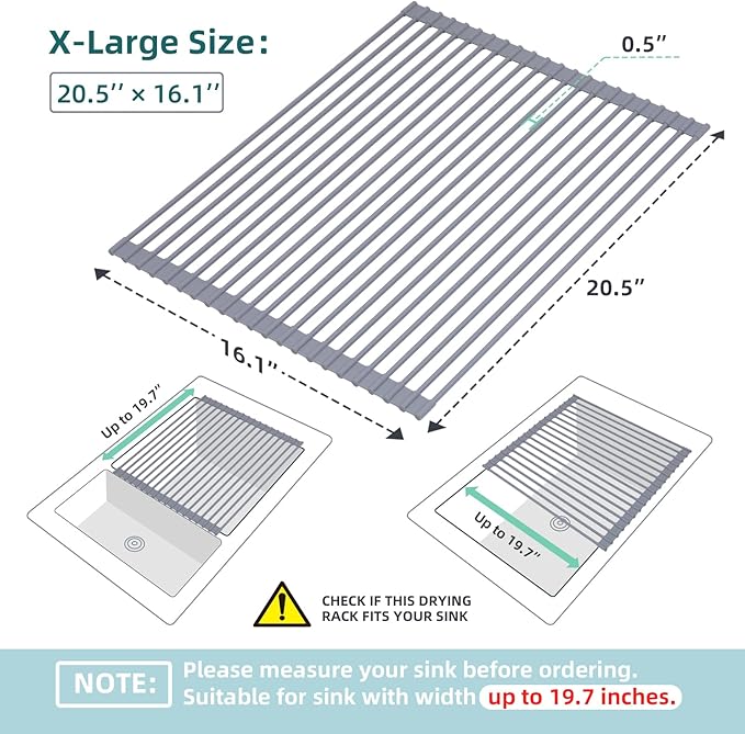 Ohuhu Sink Drying Rack, 20.5" W x 16.1" L Over The Sink Roll-Up Dish Drainer - Rolling Foldable Accessories Heat-Resistant Mat Anti-Slip Silicone Coated Multipurpose for Kitchen Counter