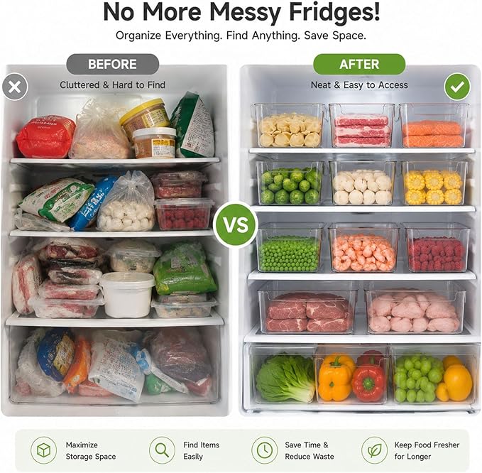 Clear Freezer Storage Bins,Stackable Freezer Organizer Bins with Handles,Clear Plastic Kitchen Organizer for Frozen Food, Meat & Veggies (6pcs, S)
