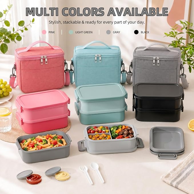 Bento Box adults Lunch Box - 2130ml Lunch Box Containers with Insulated Lunch Bag, Utensils & Sauce Container, Leak Proof Bento Box for Men Women, Reusable Plastic Lunchbox for Work, Meal Prep, Grey