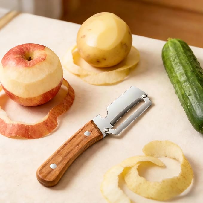 Multi-Functional Vegetable Peeler for Kitchen, Stainless Steel Sharp Blades Carrot Potato Peeler with Wooden Handle and Bottle Opener Kitchen Tool for Fruit Veggie Pumpkin Papaya Zucchini (1 Pcs)