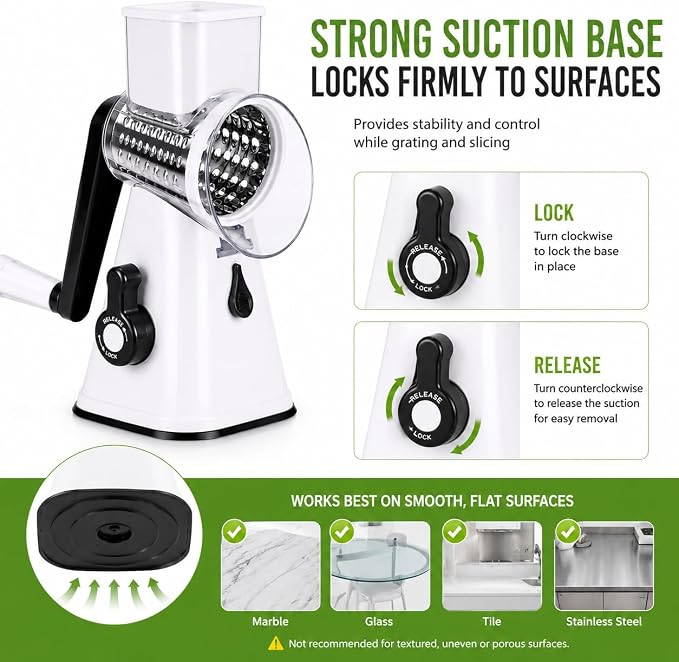 Rotary Cheese Grater with Handle, 3 Interchangeable Stainless Steel Blades, Manual Vegetable Slicer & Cheese Shredder, Hand Crank Grater for Cheese, Potato, Carrot, Cucumber, Nuts & Chocolate, White