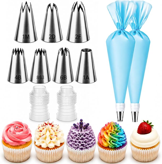 Hendiy Large Piping Tips Set, 11 Pieces Seamless Stainless Steel Cake Decorating Tips Kit, Reusable Piping Bags and Tips Frosting Icing Set for Cupcakes Cookies (2D 2F 1M 4B 1A 6B 853)