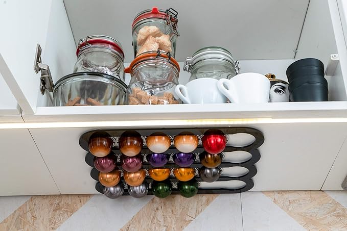 Demi's Home Adhesive Coffee Pod Holder for Nespresso Vertuo Capsules (Measure Before Purchase) - Suitable to be Mounted Inside/Under the Cabinet or on the Wall (Black)