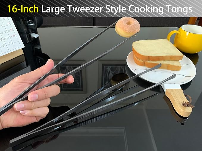 JETKONG 2 Pcs 16-Inch Kitchen Tweezers Tongs with Precision Serrated Tips, Stainless Steel Chef Tweezer Professional Cooking Tweezers for BBQ, Plating and Serving (16-Inch, Black)