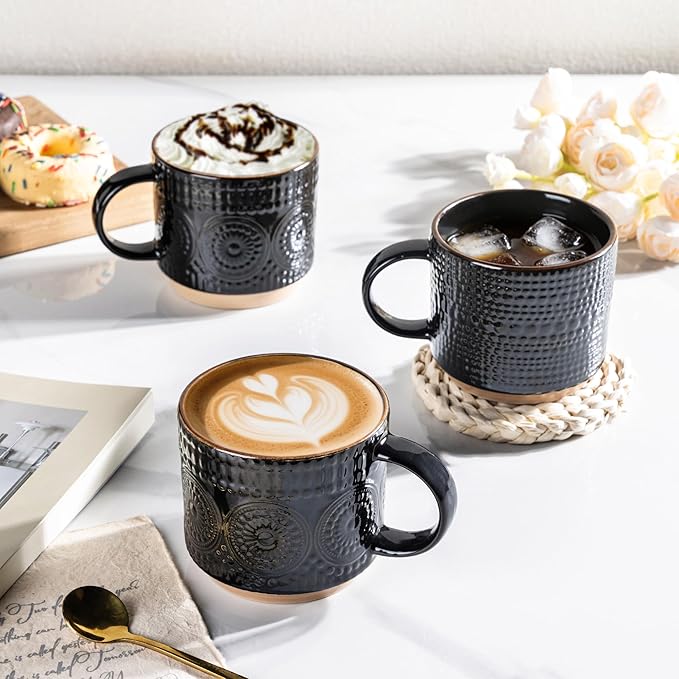 GBhome 12OZ Stackable Coffee Mugs, Ceramic Coffee Mugs with Texture Patterns for Man,Woman,Dad,Mom, Modern Coffee Mugs Set of 4 for Latte/Cappuccino/Cocoa. Dishwasher&Microwave Safe