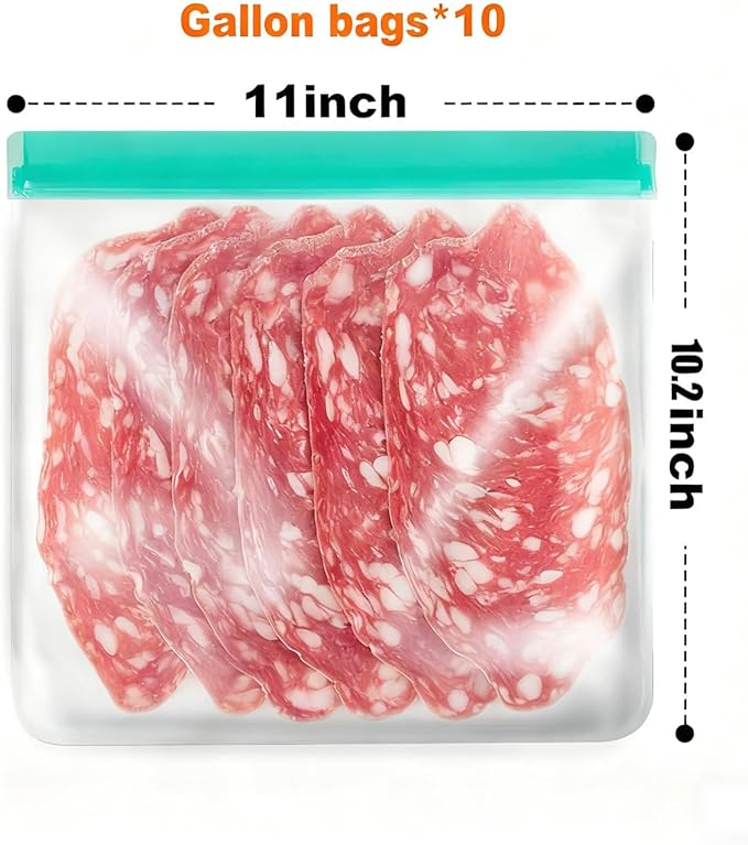 10 Pack Reusable Gallon Bags, Extra Thick BPA Free, Dishwasher & Freezer Safe Food Storage Bags for Lunch, Snacks & Home Organization (Green, 10 Pack Gallon Bags)
