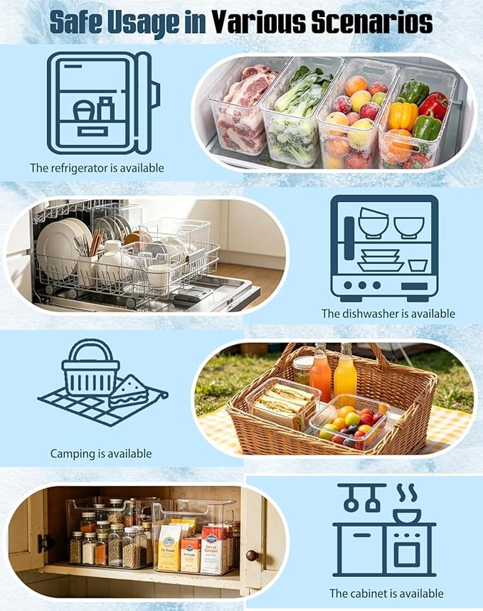 Freezer Storage Bins 4-Pack - Stackable Plastic Organizer with Handles for Refrigerator, Pantry & Kitchen Cabinet, for Frozen Food, Meat & Veggies (B# S, 4 Pack)