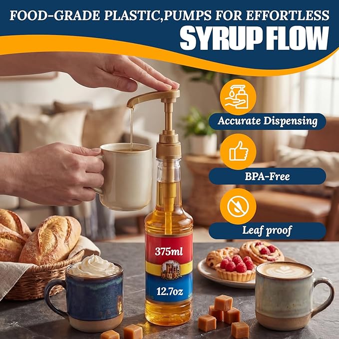 Zopeal 8 Pieces Coffee Syrup Pump Dispenser Fits 375ml/12.7oz Bottles, Syrup Pump for Coffee Flavoring, Creamers, Caramel, Beverages, Kitchen Cafe Bar Drinking Mixes Food Dispenser(Gold)