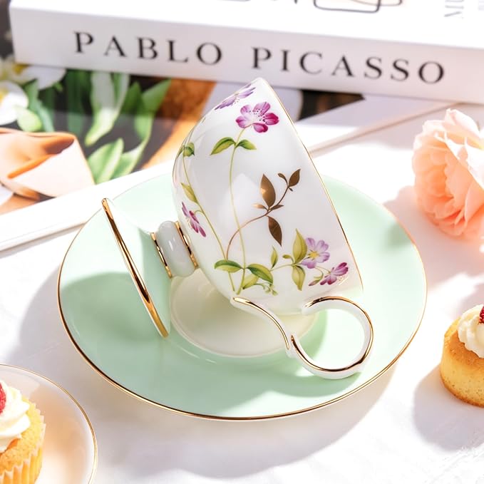 KAMMAK Ceramic Coffee Cups and Saucers Set of 2 – Handmade Porcelain Espresso Cups, 8.45 oz Bone China Tea Cup with February Orchid Pattern, Elegant Demitasse for Latte, Americano, Cappuccino