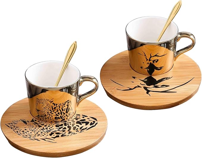 Mirror Cup and Saucer Set Cappuccino Cups Set of 2 Ceramic Gold Animal Espresso Cups with Saucers and Spoons 8 Ounce Tea Coffee Cup with Wood Saucer, Set of 2, Golden Best Gift