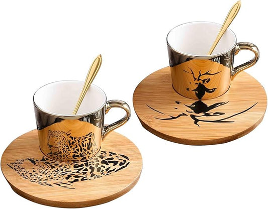 Mirror Cup and Saucer Set Cappuccino Cups Set of 2 Ceramic Gold Animal Espresso Cups with Saucers and Spoons 8 Ounce Tea Coffee Cup with Wood Saucer, Set of 2, Golden Best Gift
