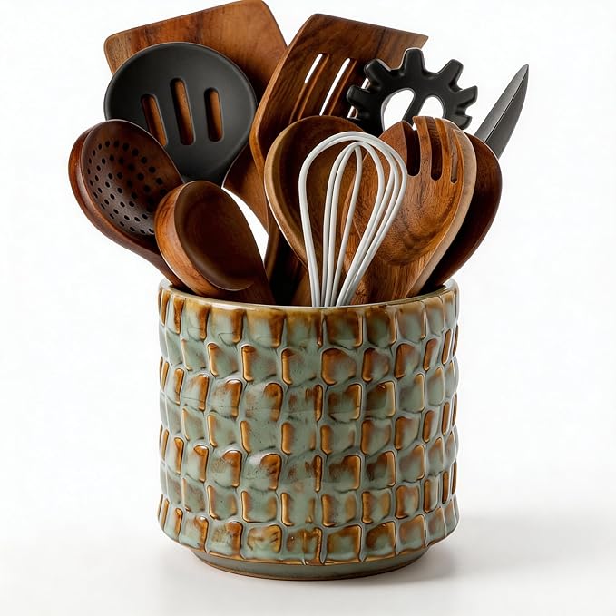Utensil Crock Kitchen Utensil Holder, 5 Inches Small Ceramic Utensil Holder for Countertop, Unique Embossed Checkered Pattern, Cooking Utensil Crocks for Kitchen, Home Decor Gift (Sage Bronze)