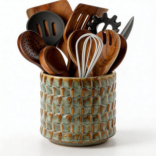 Utensil Crock Kitchen Utensil Holder, 5 Inches Small Ceramic Utensil Holder for Countertop, Unique Embossed Checkered Pattern, Cooking Utensil Crocks for Kitchen, Home Decor Gift (Sage Bronze)