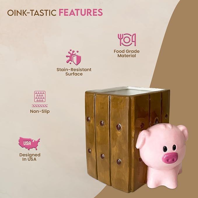 Pig Utensil Holder | Kitchen Crock Storage | Pig Stuff Print Accessories Decoration | Cute Hog Gifts for Women | Cerdo Pollo Animal Boar Decor | Countertop Piglet Stuff Vase