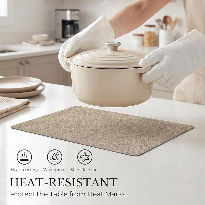 Romanstile Vinyl Placemats Set of 6, Reversible Faux Leather Heat Resistant Wipeable Table Mats, Waterproof Washable Non-Slip Table Placemats for Dining/Kitchen/Party/Outdoor (Grey Khaki, 12" x 17")