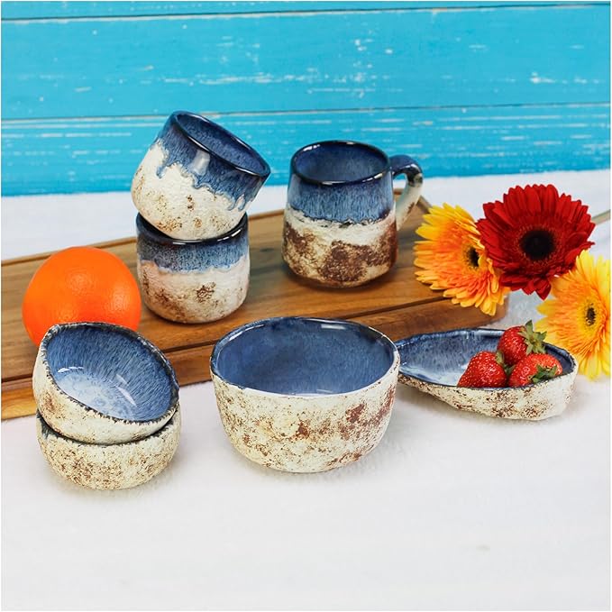 roro Handmade Ceramic Tea Cups Rustic Reactive Blue Glaze, Coastal Beach-Themed Sipper Set of 2, 200ml (6.5oz), Textured Grip, Microwave & Dishwasher Safe